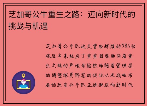 芝加哥公牛重生之路：迈向新时代的挑战与机遇